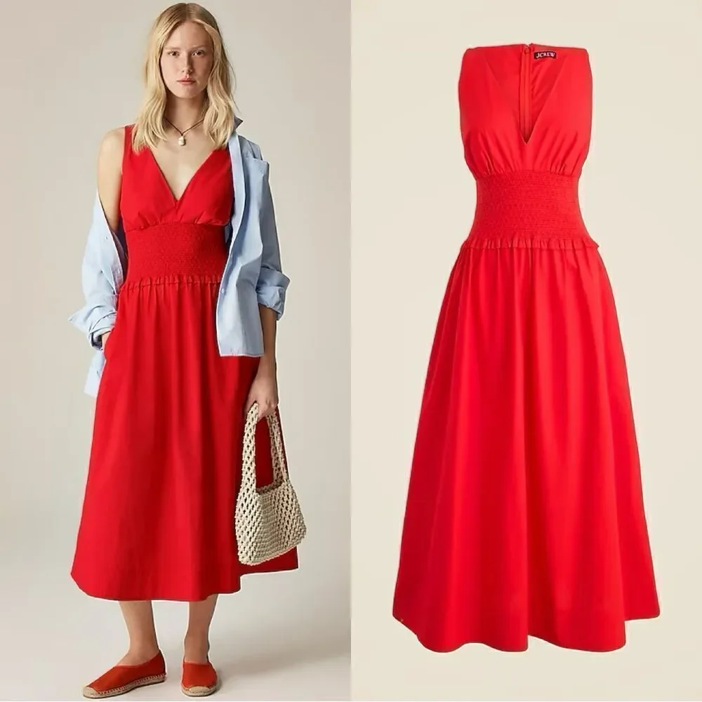 NWT J CREW Plunge smocked-waist dress in cotton poplin in “Vintage Red”